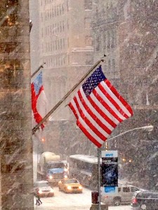 American Flag waving over Fifth Avenue, NY