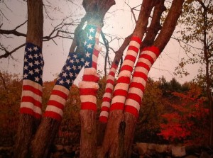 American Flags painted on trees in Battery Park to commemorate the 10th Anniversary of the September 11th Attacks.